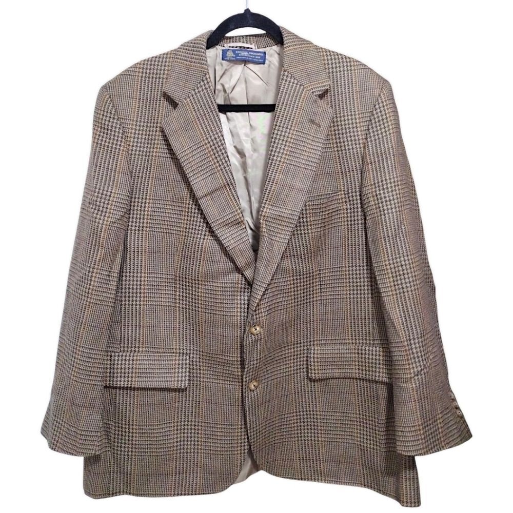Brooks Brothers Glen Plaid Sport Coat, Size 46 R, Brown/Tan/Navy, VTG 80s 90s